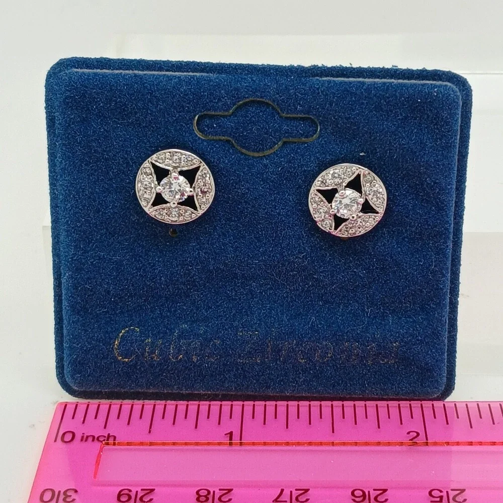 Vintage 1990s Cubic Zirconia Silver Tone‎ Geometric Round Stud Earrings New